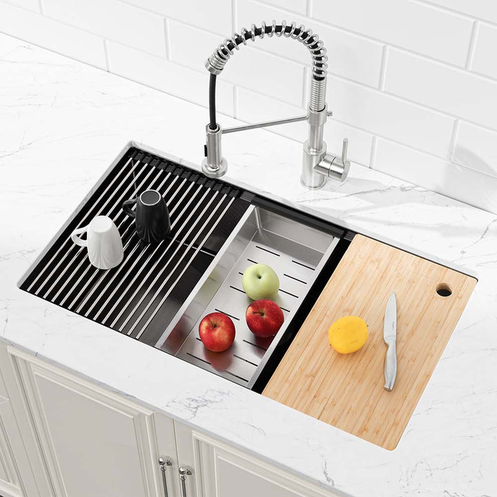 Black stainless steel kitchen sink with accessories utting board drying rack fruit basin