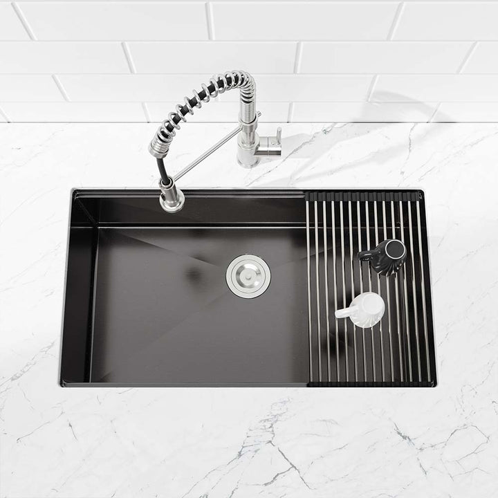 Black stainless steel kitchen sink with foldable drying rack and cups