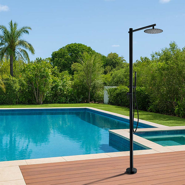 Black stainless steel outdoor shower with pool and handheld shower