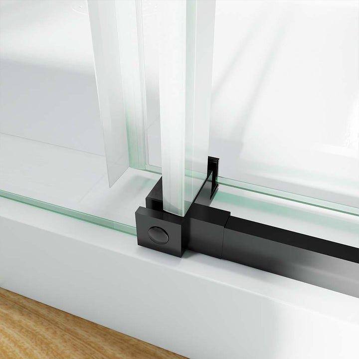 Black stainless steel shower door bottom track with seal detail