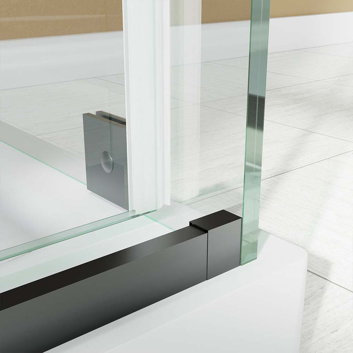 Black stainless steel shower door with durable bottom track detail