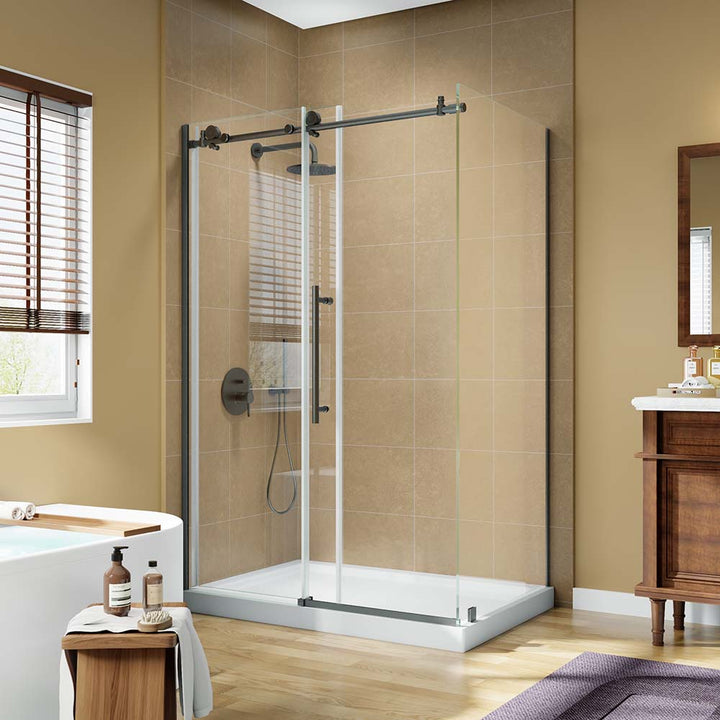 Black stainless steel shower door in modern bathroom interior