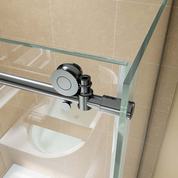 Black stainless steel shower door top roller and sliding track detail