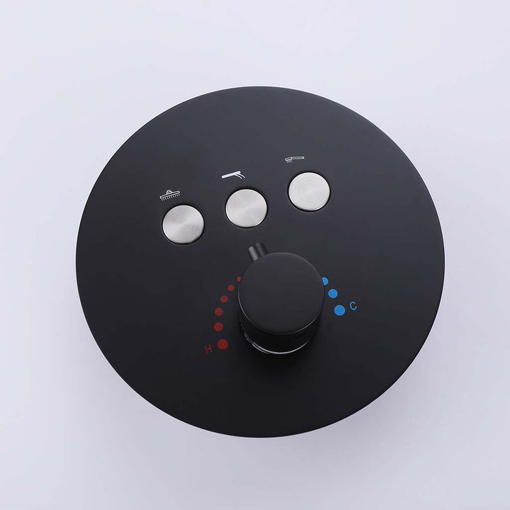Black thermostatic shower valve control panel with 3 function buttons and hot cold temperature knob
