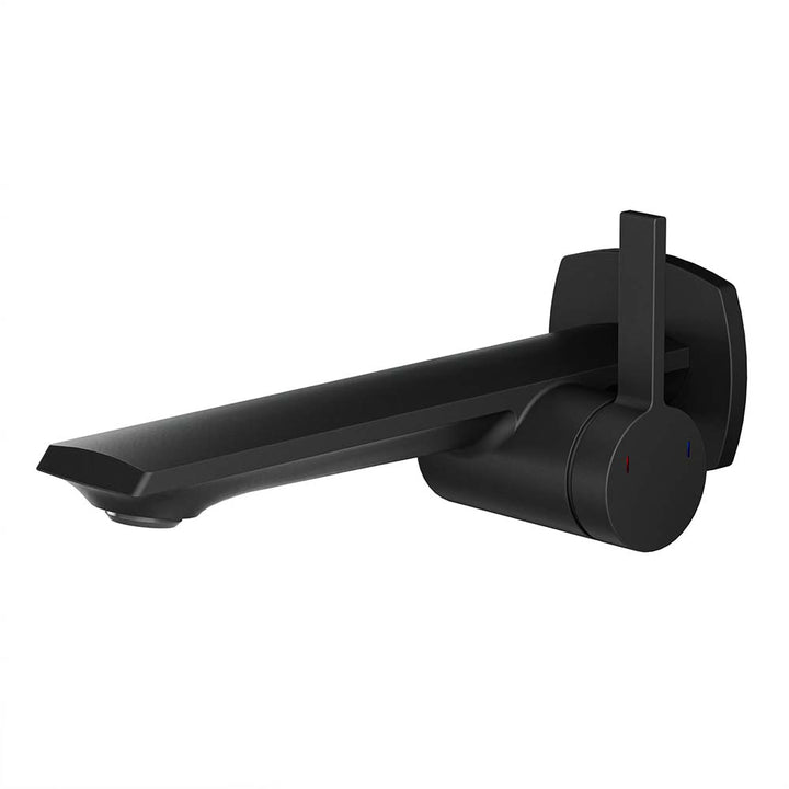 Black wall-mounted bathroom faucet with modern design and single handle.