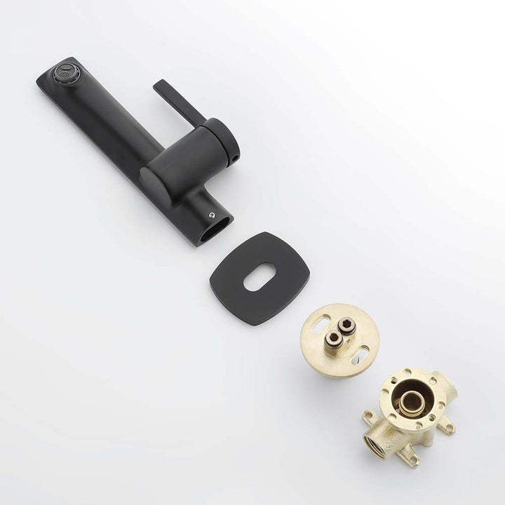 Black wall mount faucet with installation components and brass valve.