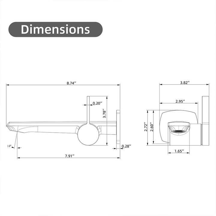 Dimension diagram for black wall-mounted bathroom faucet