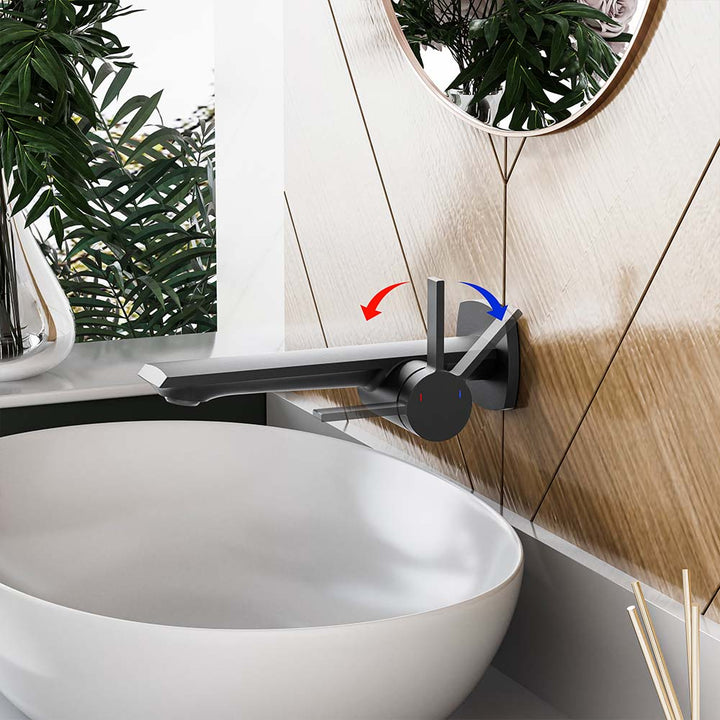 Black faucet showing hot and cold handle adjustment above sink.