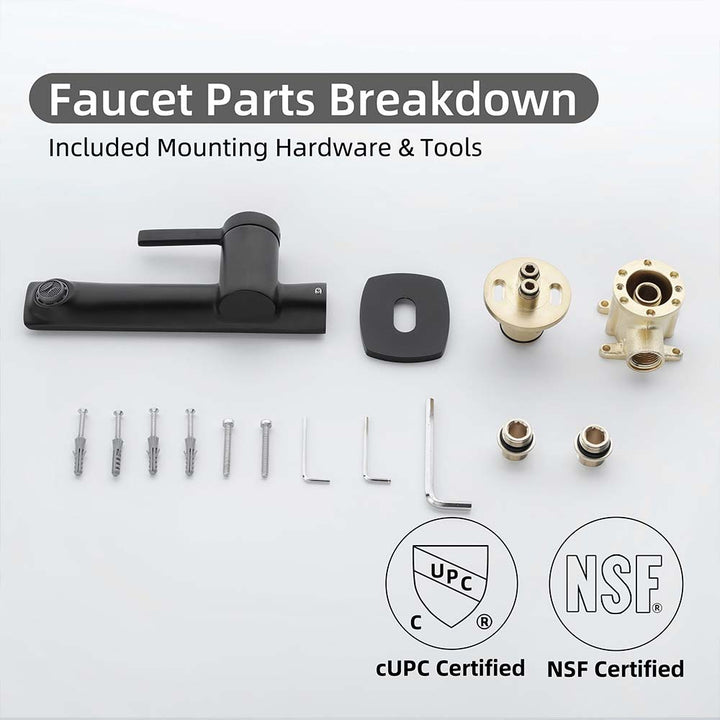 Black wall-mounted faucet parts with cUPC and NSF certification.