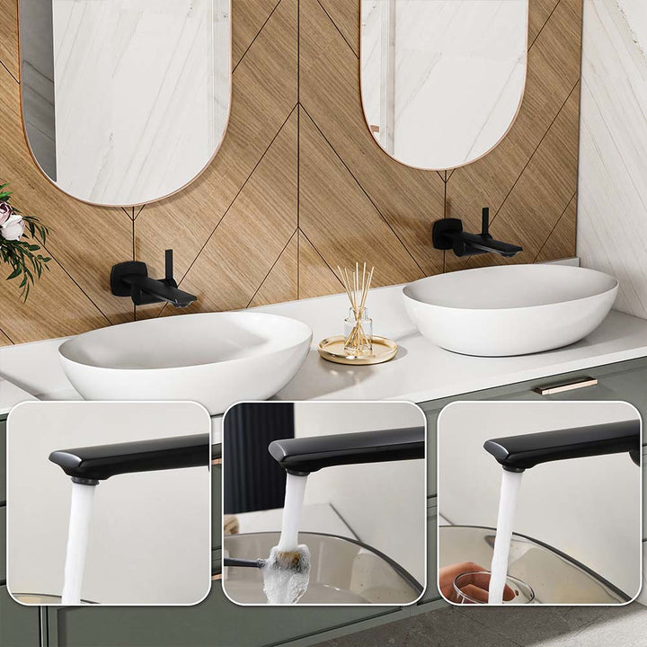 Black faucet with water flow demo for washing hands and rinsing items.