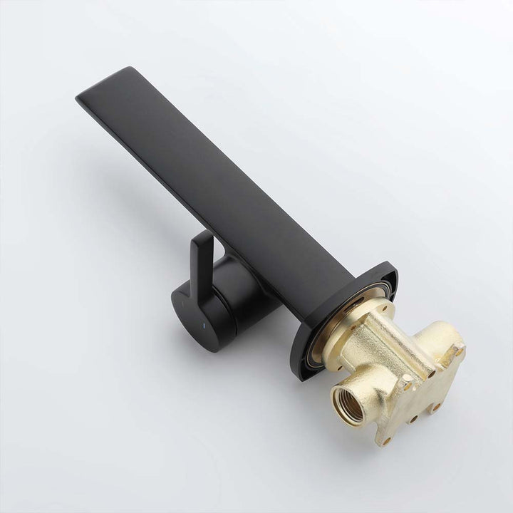Black wall mount faucet with brass valve for easy installation.