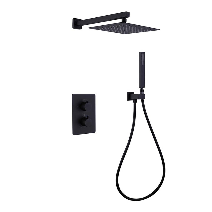 Black shower system with handheld and rain shower head