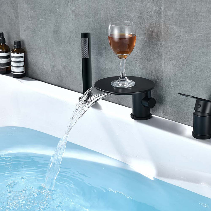 Black waterfall bathtub faucet with hand shower