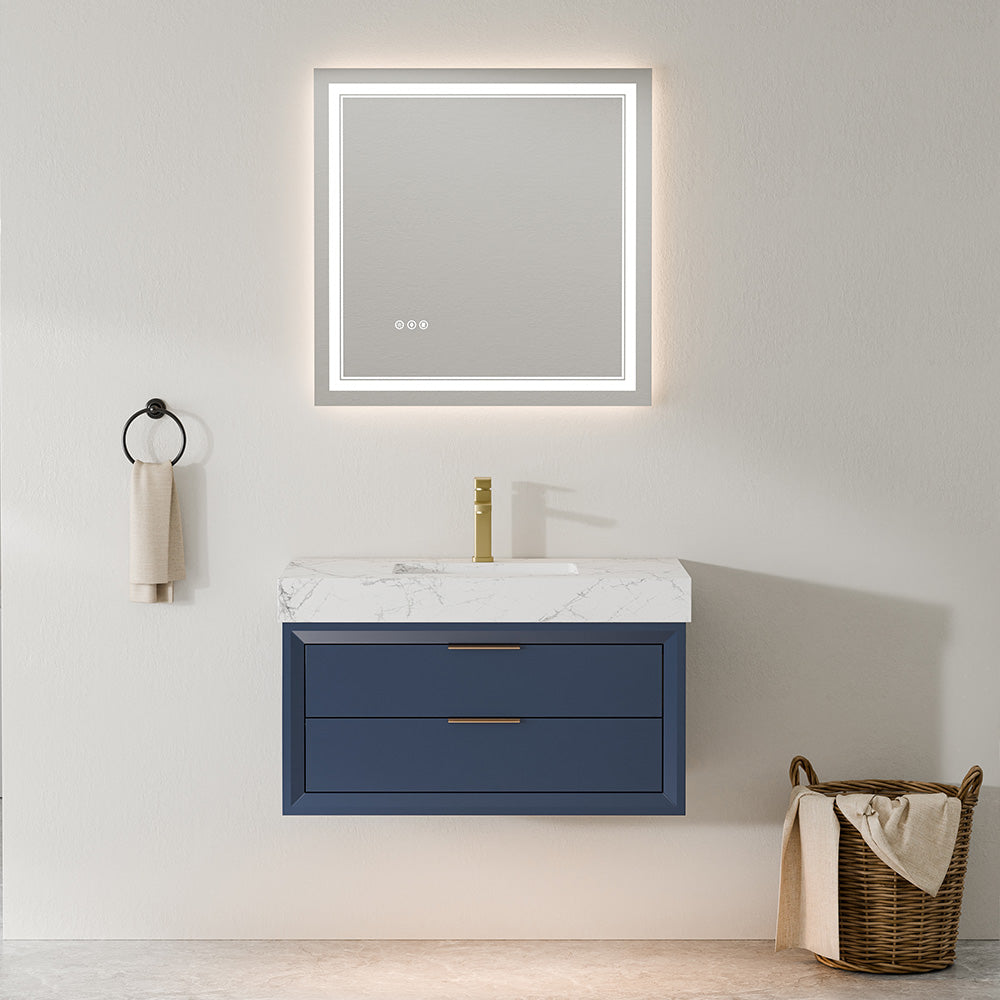 Blue wall mounted bathroom vanity with beveled edge