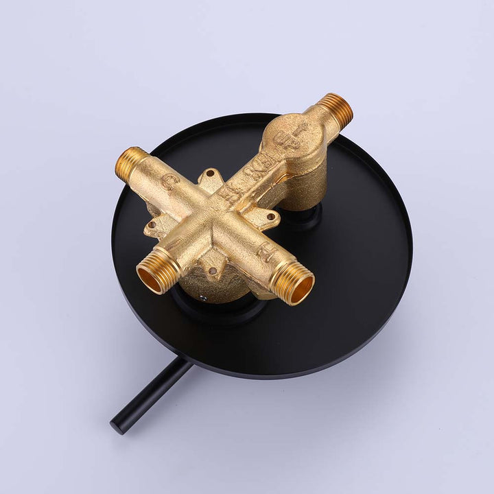 Back view of brass shower valve with 4-way water inlet outlets