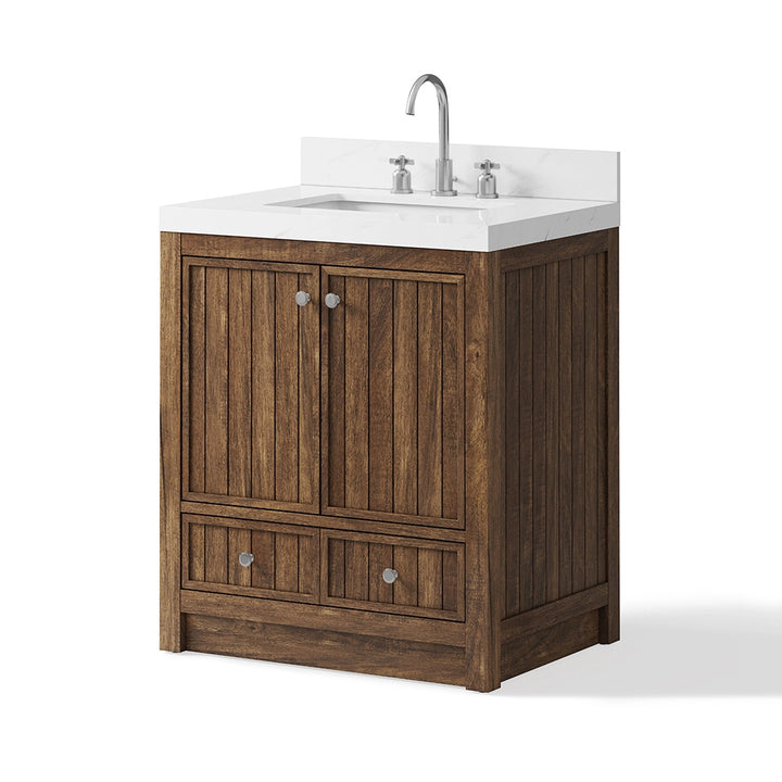 Brown 30 inch bathroom freestanding vanities side angle view