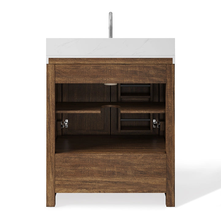 Brown 30 inch bathroom freestanding vanities interior storage view