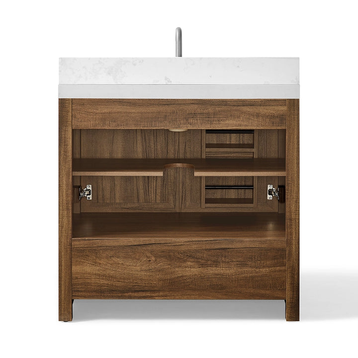 Brown 36 inch bathroom freestanding vanity back interior view