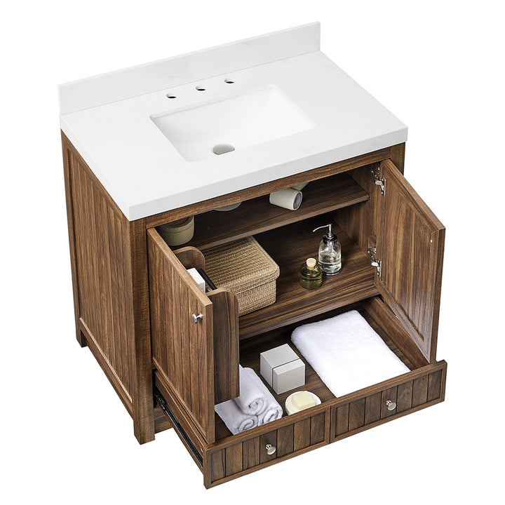 Brown 36 inch bathroom freestanding vanity with storage open