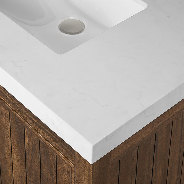 Brown 36 inch bathroom freestanding vanity white countertop detail