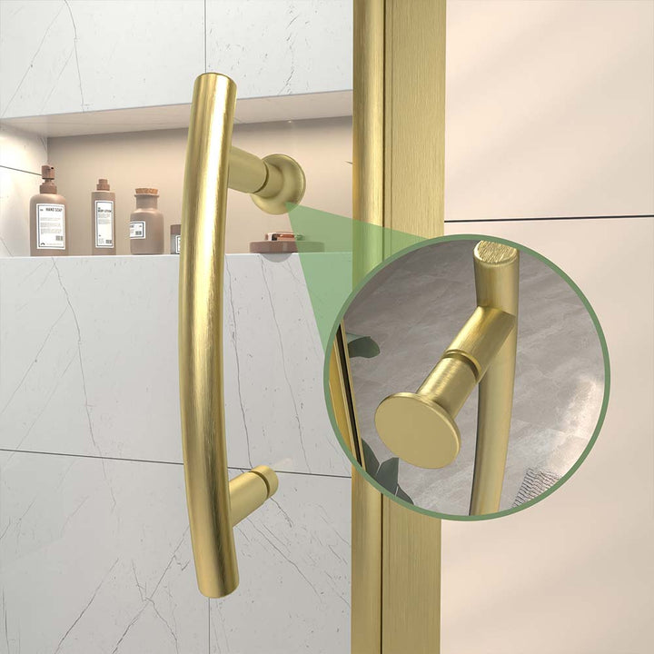 Closeup of brushed gold shower door handle with detail view