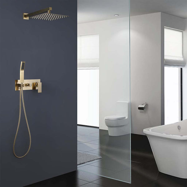 Brushed gold shower system installed in modern bathroom scene