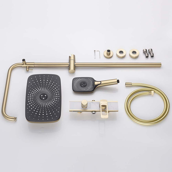 Complete brushed gold shower system kit with accessories laid out