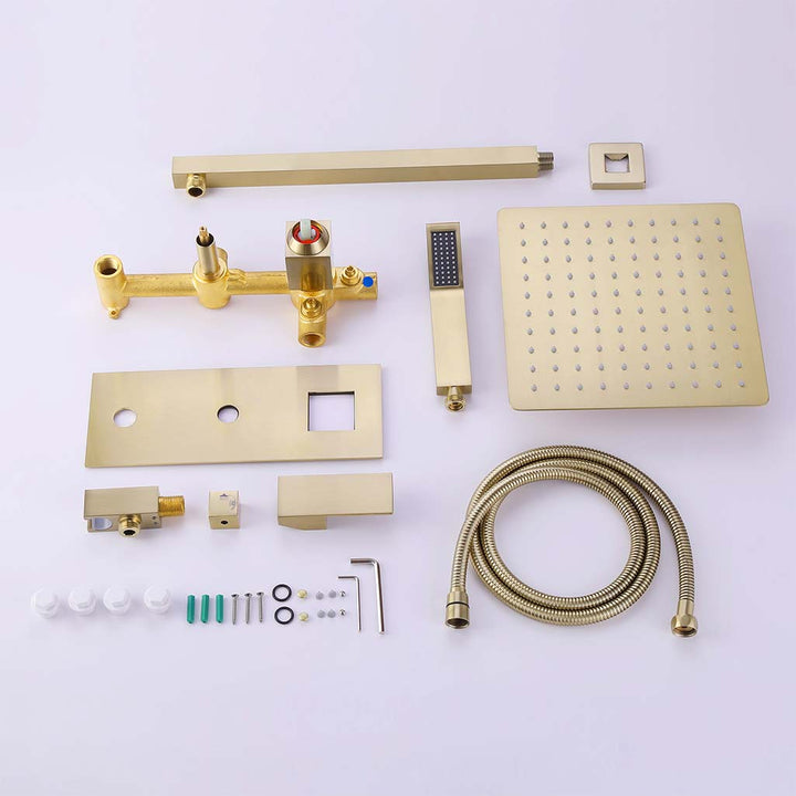 Complete brushed gold shower system parts with 10 inch square head