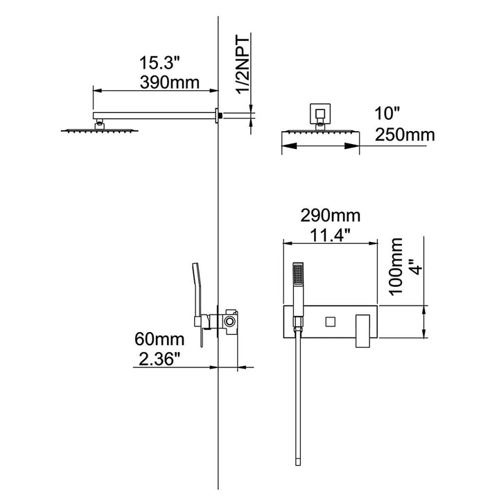 Brushed gold shower system dimensions with 10 inch square head