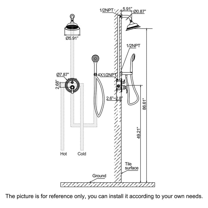 Brushed gold shower system dimensions