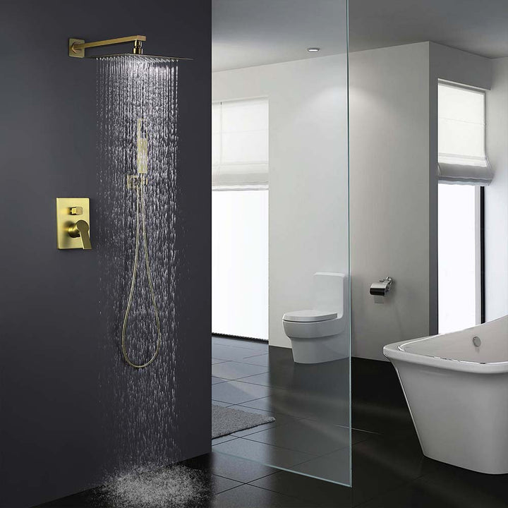 Brushed gold shower system running in a modern bathroom interior
