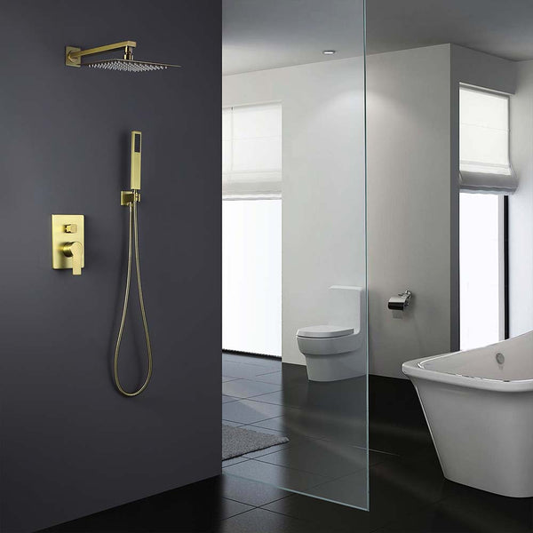 Brushed gold shower system installed in modern bathroom interior