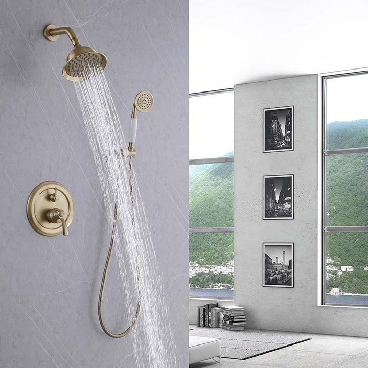 Brushed gold shower system installed water flow sprinkler