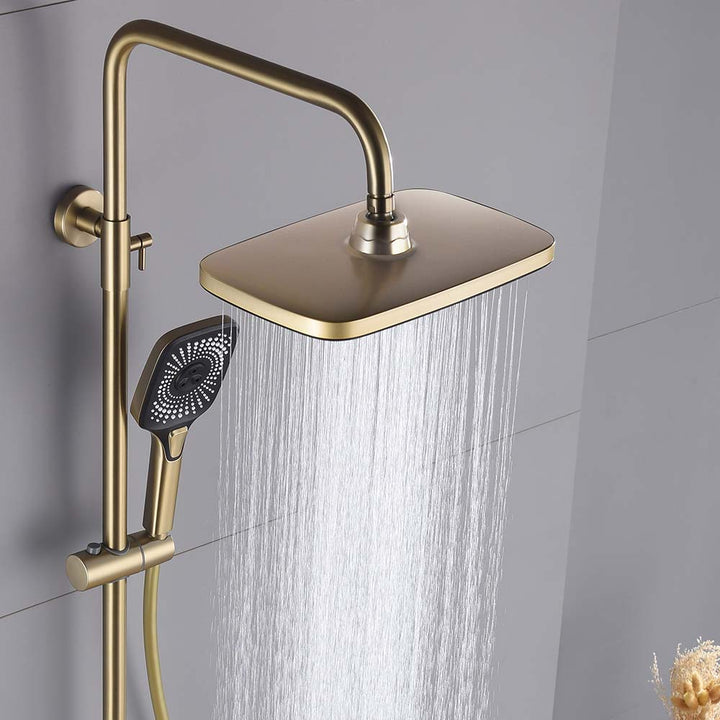Brushed gold shower system with overhead rainfall shower in use.