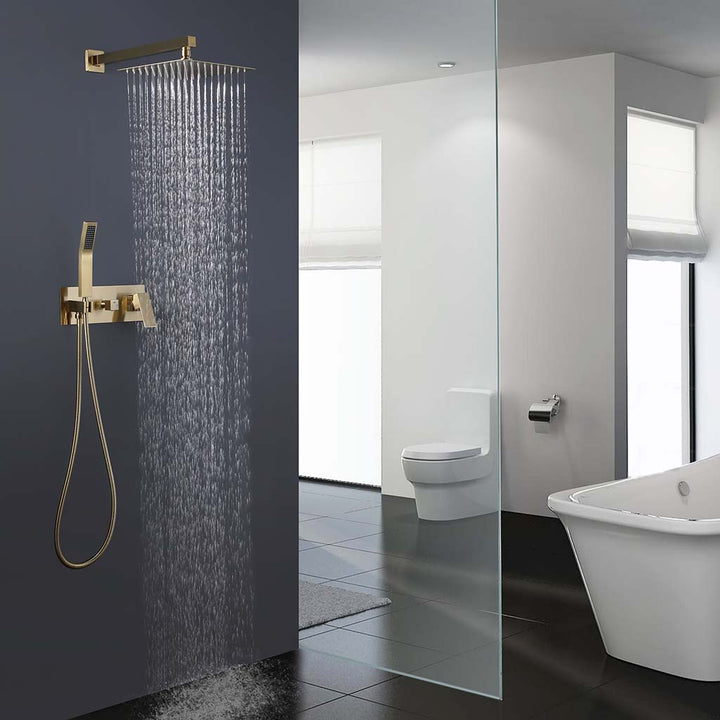 Brushed gold rainfall shower system showing water flow in modern bathroom
