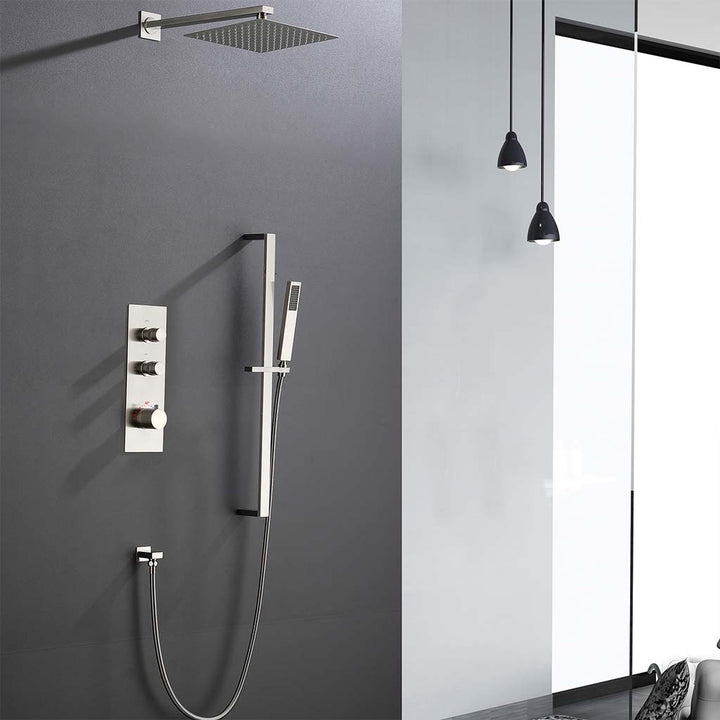 Brushed gold shower system with wall-mounted rainfall head