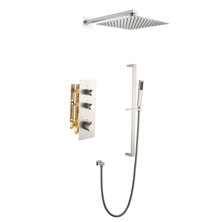 Brushed gold shower system with rain head and handheld sprayer