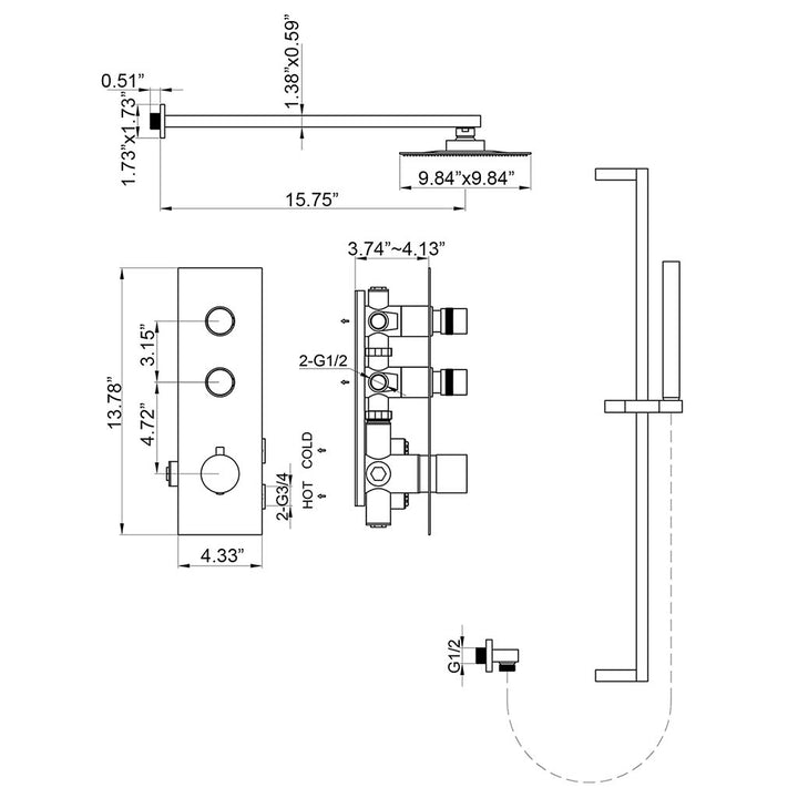 Brushed gold shower system size diagram with rainfall and handheld shower