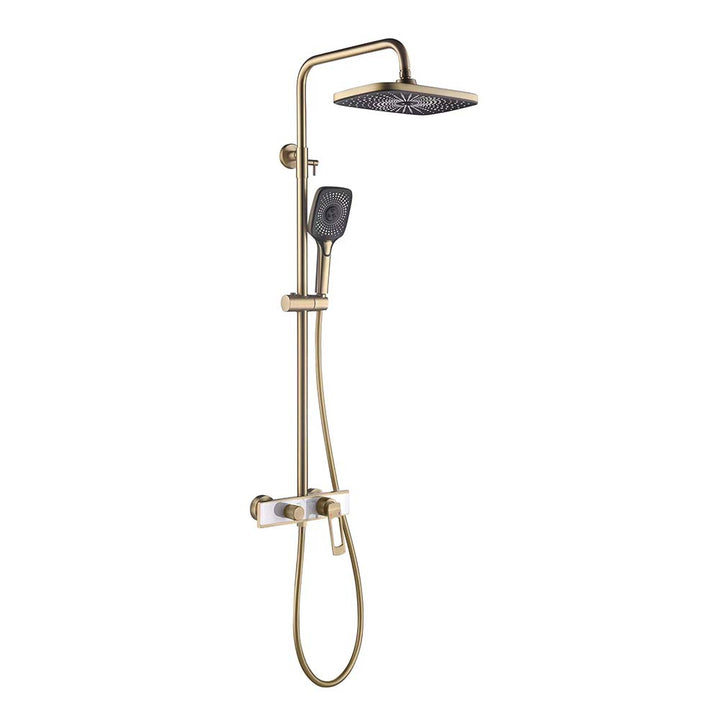 Brushed gold shower system with handheld sprayer and rain shower head