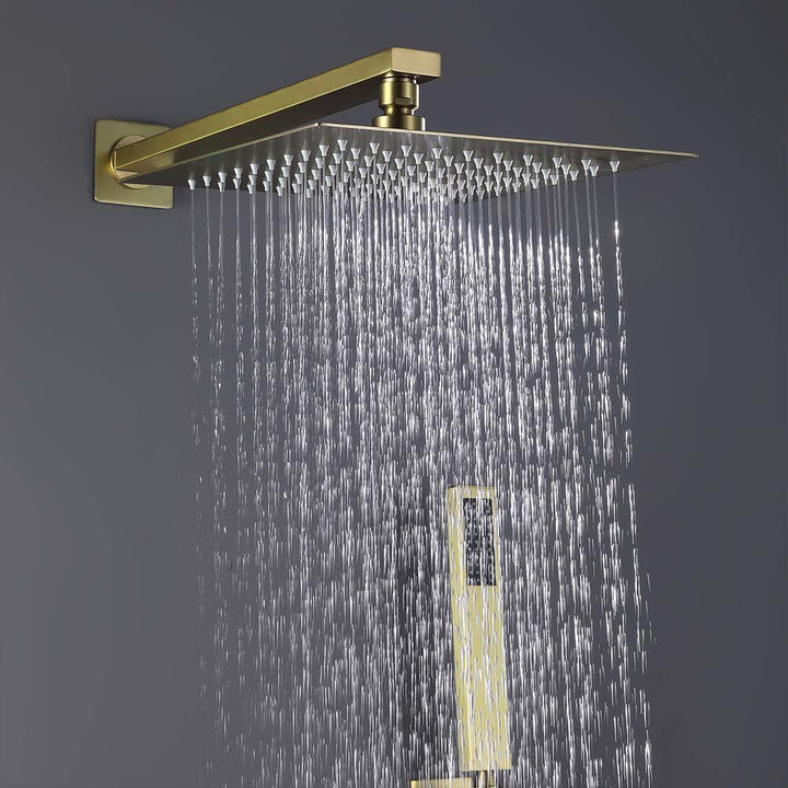 Square brushed gold rain shower head with water flow running