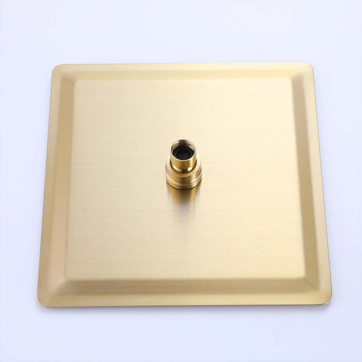 Brushed gold square shower head back view showing durable brass connection