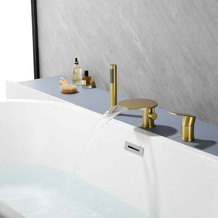 Brushed gold waterfall bathtub faucet with hand shower