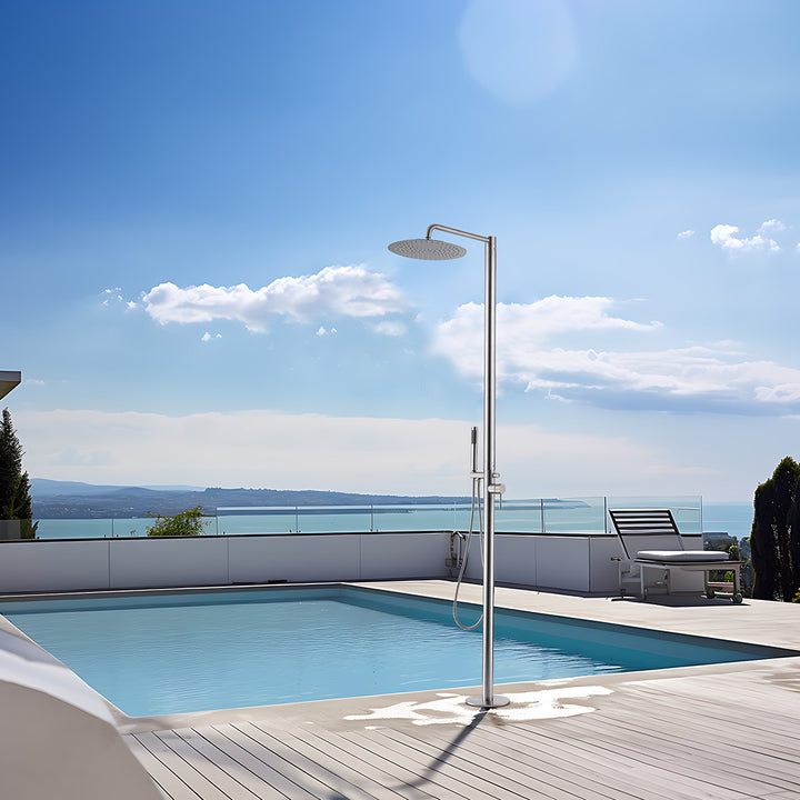 Brushed nickel freestanding outdoor shower luxury poolside ocean view