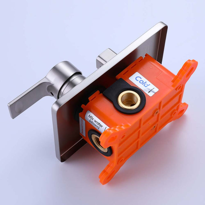 Brushed nickel mixer valve back view for modern shower system