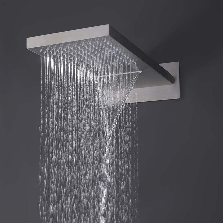 Brushed nickel rainfall and waterfall shower head for modern shower system