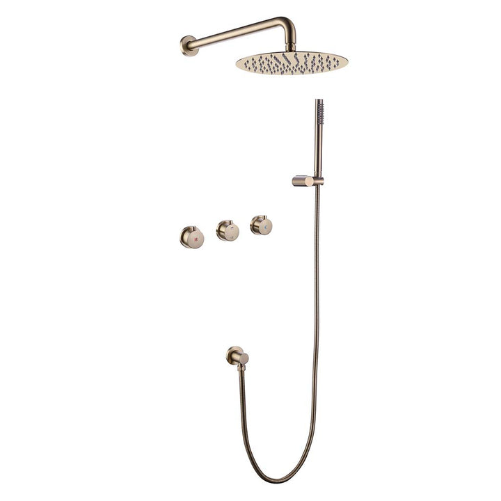 Brushed nickel shower system with round rain head and handheld