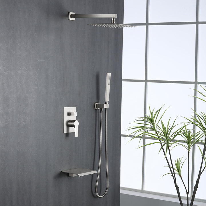 Brushed nickel shower system modern bathroom decor