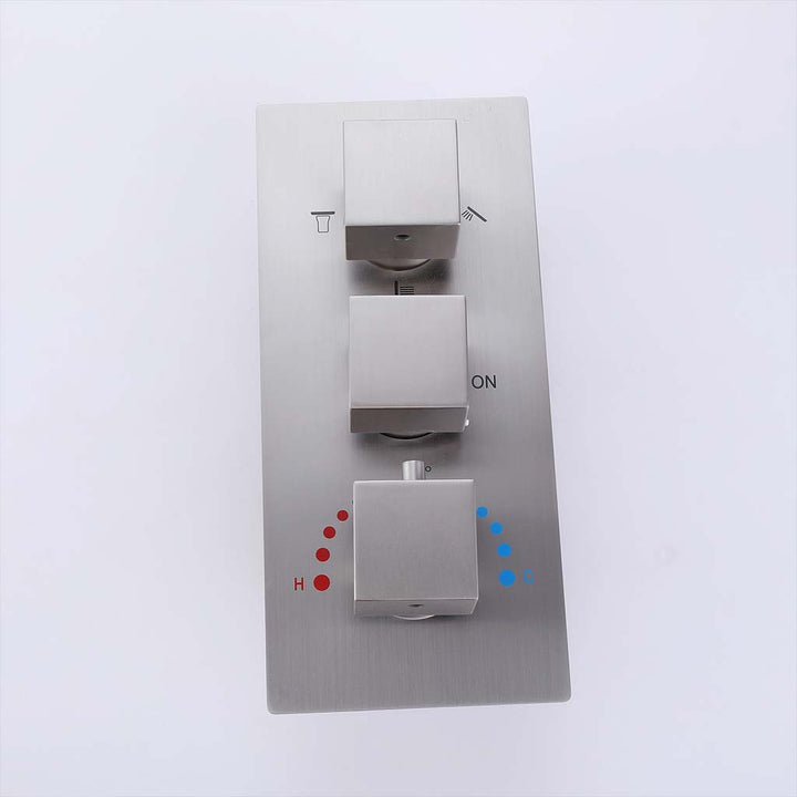 Brushed nickel shower system thermostatic control valve with triple knobs