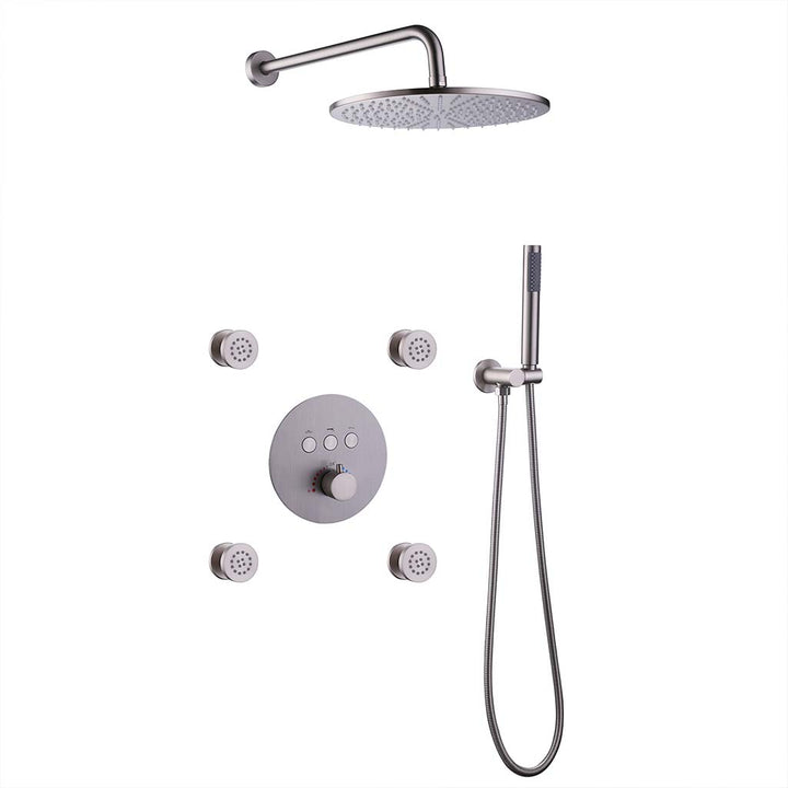 Brushed nickel shower system with rain head and body jets