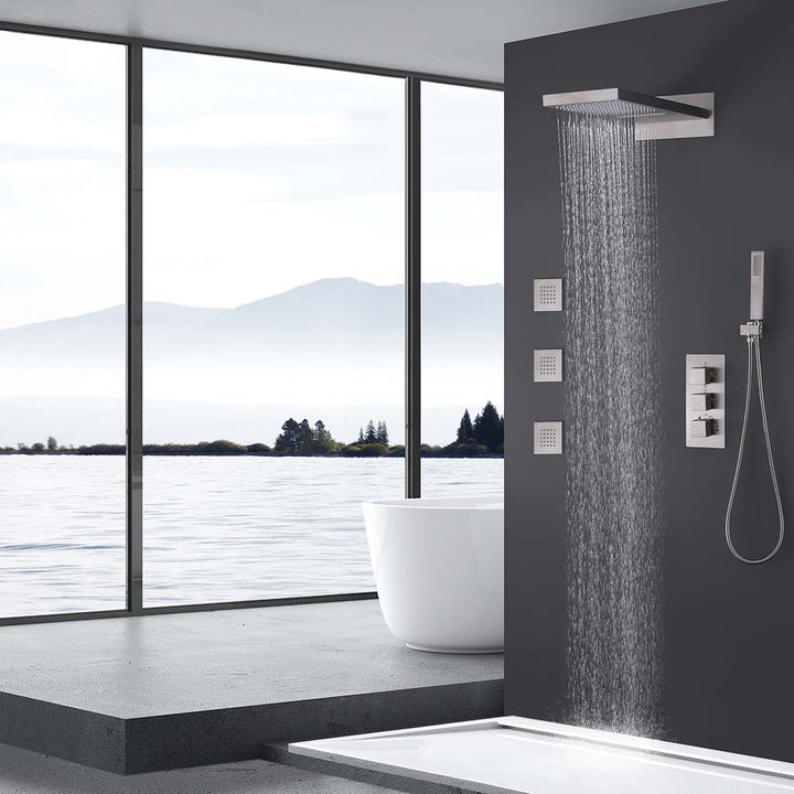 Brushed nickel shower system with rainfall shower and body jets